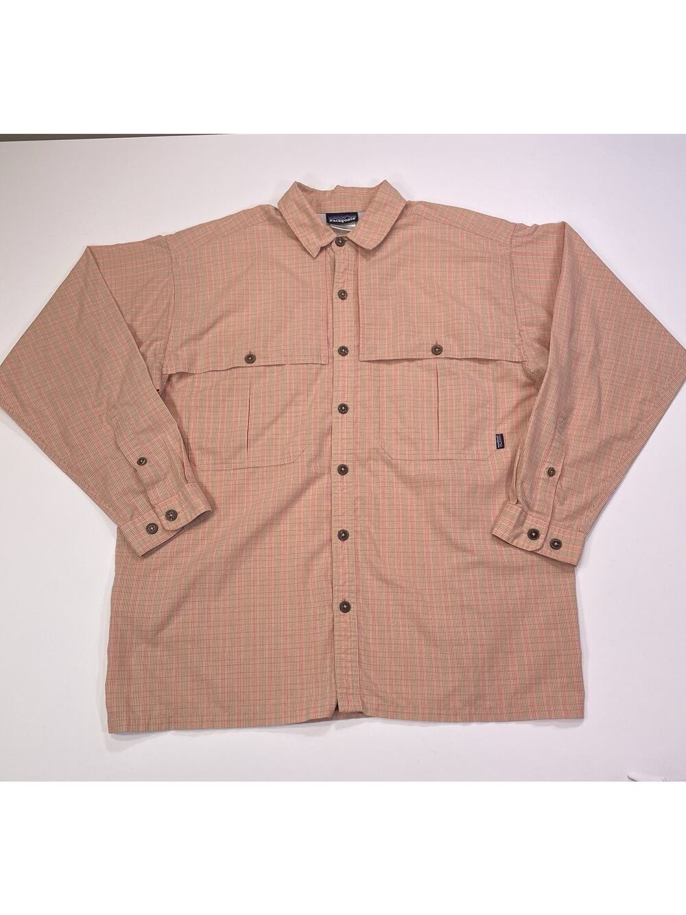 Patagonia Tropical Flat Button‎ Shirt Men’s XL Long Sleeve Plaid Peach